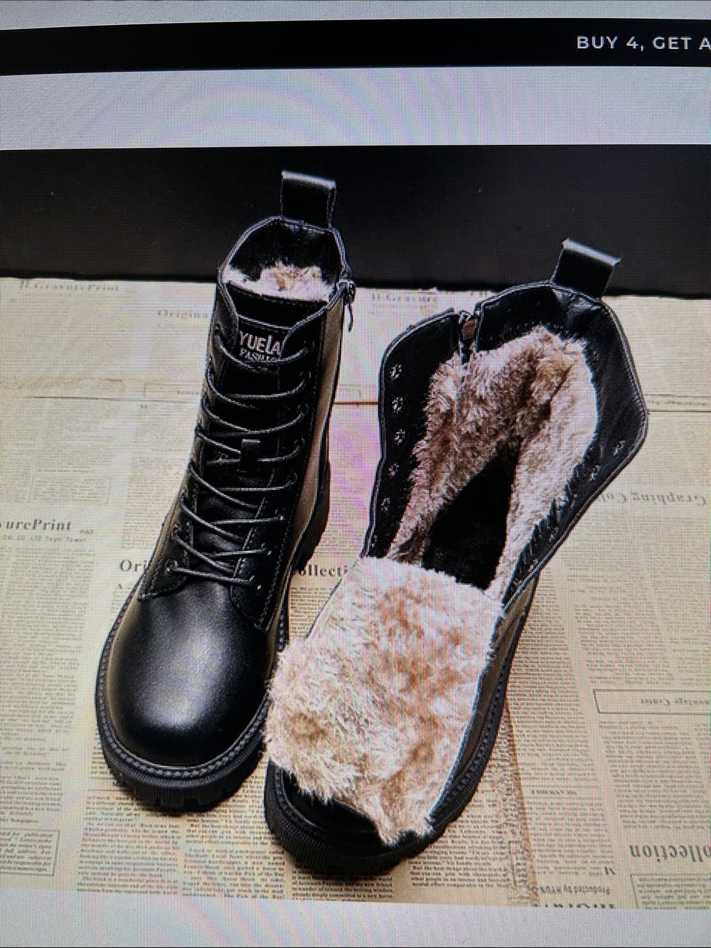 Black Faux-Fur Lined Combat Boots for Women
